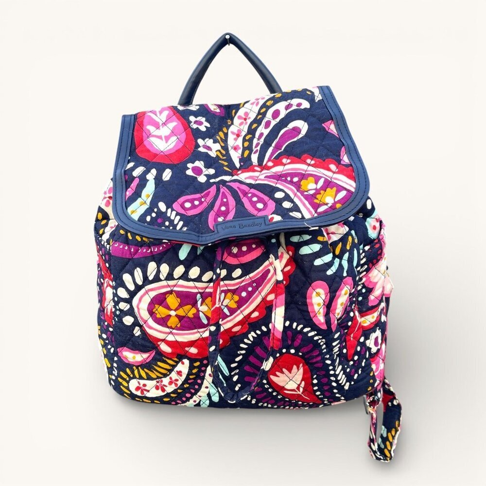Vera Bradley Paisley Quilted Backpack Purple Pink blue Drawstring & Snap Closure